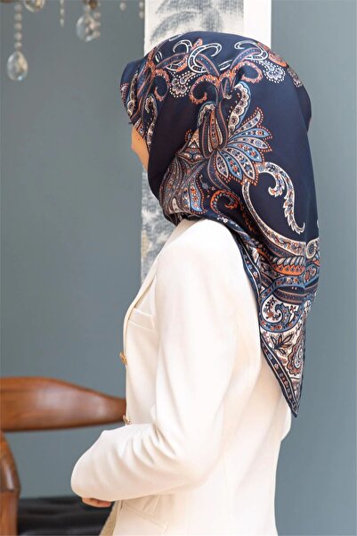 Vissona Navy Blue Ethnic Patterned Tivil Silk Scarf-60777-18-Kvs0800
