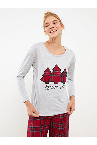 LC Waikiki Crew Neck Christmas Themed Long Sleeve Poplin Women's Pajama Set