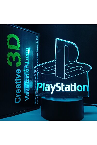 3D 3D holographic LED light in the shape of the PlayStation 7 logo with a black base