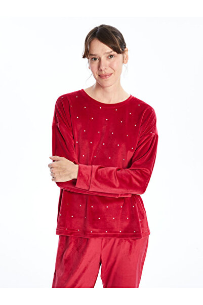 LC Waikiki Crew Neck Printed Long Sleeve Velvet Women's Pajamas Set