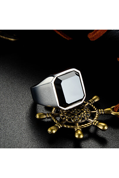 Kracer Silver steel ring with black zircon stone