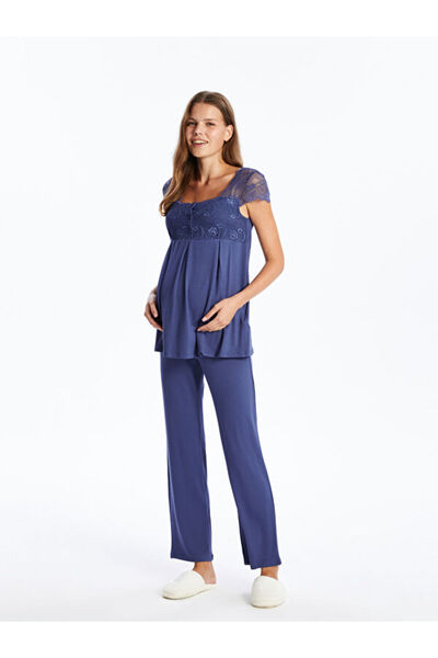LC Waikiki Short Sleeve Maternity Sleepwear Set with Square Neck Lace Detail