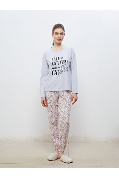 LC Waikiki Rmz Gi̇yi̇m Farkiyla Zero Roba Collar Printed Women's Pajama Set