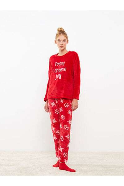 LC Waikiki Crew Neck Christmas Themed Long Sleeve Plush Women's Pajamas Set
