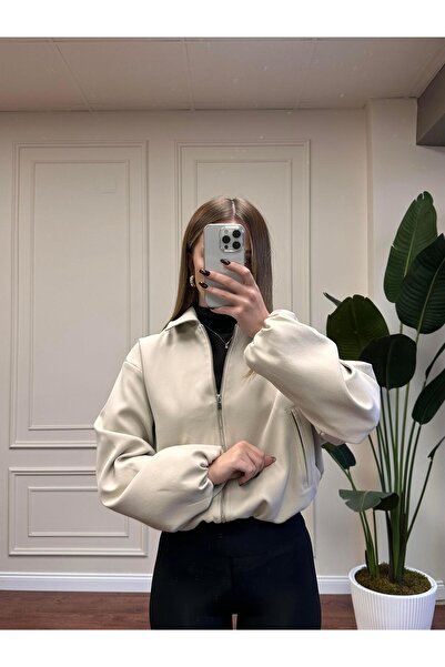 Alyalisbutik Zippered Crop Jacket - Stone