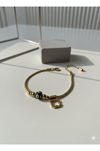 staınless steel Altın Renk Çiçek Figürlü Boncuk Detaylı Zincir Bileklik