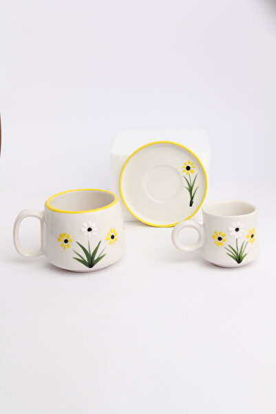 Gezdikçe Bilelim My Dear Self Series Yellow Daisy Patterned, Handmade Ceramic and Mug Set, Mug, Hand Made
