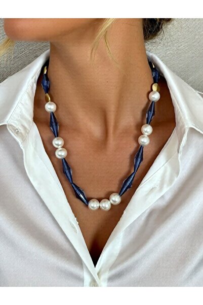 COCOSH TAKI Navy Blue Transparent Geometric Beaded Large Pearl Detailed Moder...
