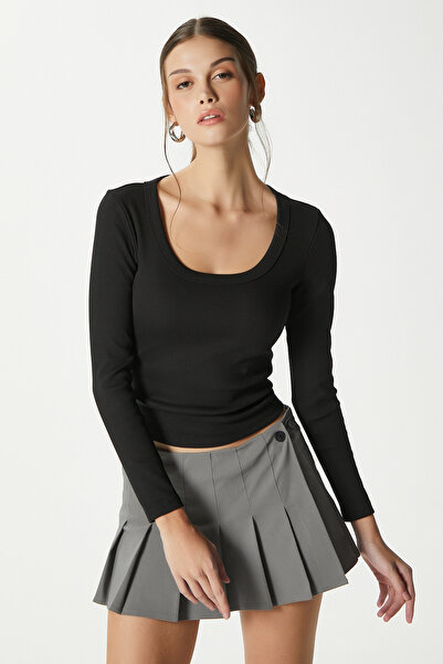 Ritnice Women's Anita Tok Textured Cotton Ribbed Black Basic Blouse