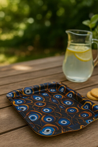ATAGİFT HEDİYELİK Evil Eye Bead Patterned Metal Tray Tea Coffee Tray - Presen...