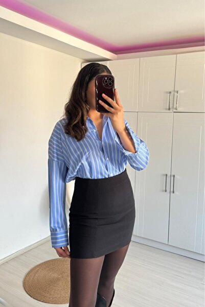 Güneş Μπλε ριγέ πουκάμισο oversize με μία τσέπη