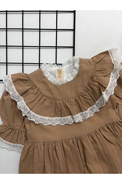 cacobutik Girl Child Lace Lined Linen Dress Special Occasion Birthday Concept Dress Mink