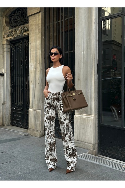 Diviny Women's White High Waist Patchwork Leopard Print Regular Fit Palazzo Jeans