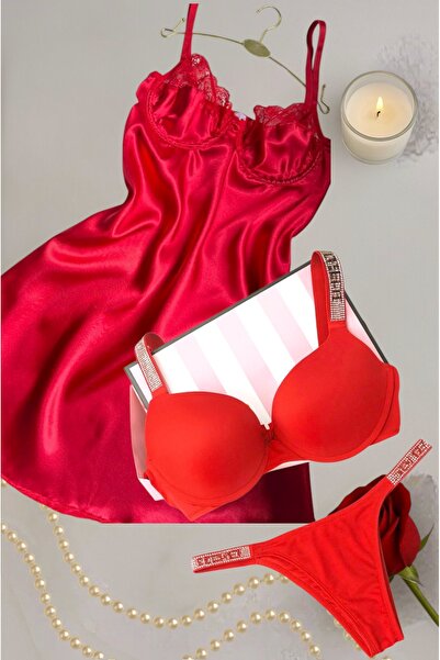 SATTENS New Year Special Red Satin Nightgown and Stone Detailed Bra-Panty Set 3-Piece Set