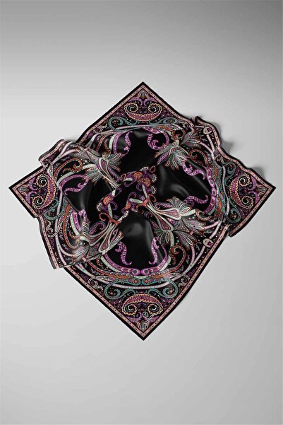 Vissona Black Ethnic Patterned Tivil Silk Scarf-60777-3-Kvs0802