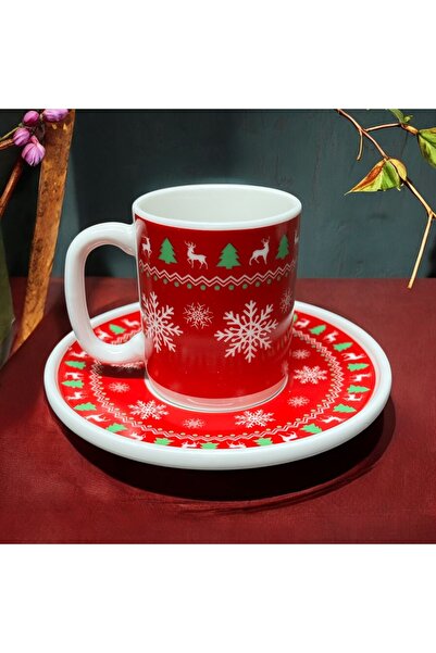 Turkuaz Porselen Yılbaşı Desenli 2’li 4 parça Kahve Fincan Takımı