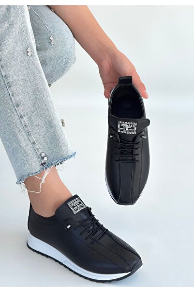 Kanonik Education Monya Black Leather Lace-Up Sneakers