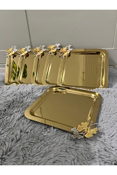 Fabrication 6'Lı Kare Tek Taraflı Gold Kelebekli Titanyum Kaplama Sunum Tepsisi