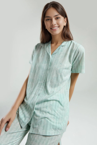Pierre Cardin Women's Buttoned Pajama Set – Mint Green, Short Sleeves