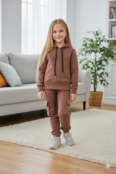 Amur Trendy Girls Solid Color Embroidered 3-Thread Hooded Sweatshirt Set 2-Piece Bottom Top