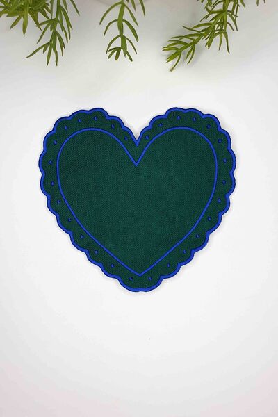 decofav Heart Shaped Nefti Green Fabric Cobalt Embroidered Fabric Cocktail Napkin 1 Piece