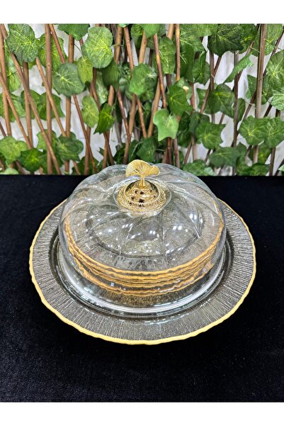 EVRA Cam Füme Gold Renk Ayaklı Pasta Tabaklı Kapaklı İkramlık Sunumluk Kek Fanusu Seti