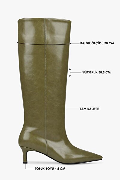 Shoeberry Women's Blaze Oil Green Leather Short Pointed Heeled Boots