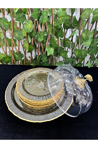 EVRA Cam Füme Gold Renk Ayaklı Pasta Tabaklı Kapaklı İkramlık Sunumluk Kek Fanusu Seti