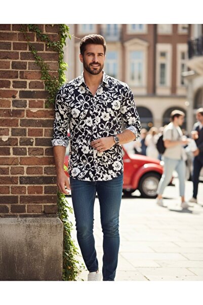 YusGos Long Sleeve Cotton Easy Iron Shawl Pattern Regular Fit Premium Men's Shirt