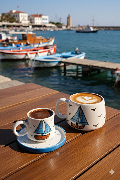 Gezdikçe Bilelim My Dear Self Series Sailing Boat Patterned, Handmade Ceramic and Mug Set, Mug, Hand Made