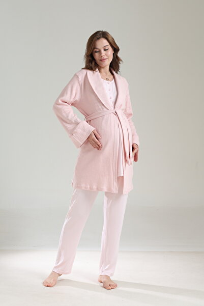 Lohussa Women's Powder Jacquard Shawl Collar Lace Winter Special Design Maternity Pajama Set