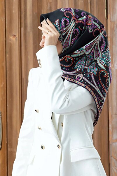 Vissona Black Ethnic Patterned Tivil Silk Scarf-60777-3-Kvs0802