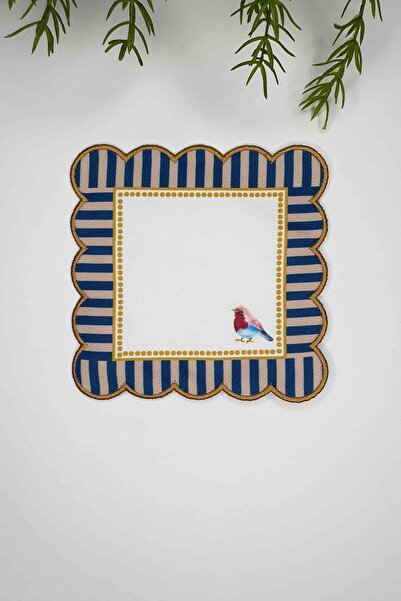 decofav Decorative Edge Bird Indigo Ecru Patterned Digital B Printed Embroidered Cocktail Napkin 1 Piece