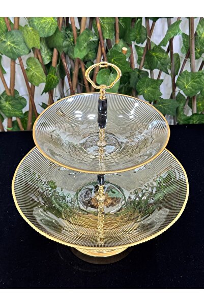 EVRA Ayaklı Cam 2 Katlı Füme Gold Renk Şekerlik Meyvelik
