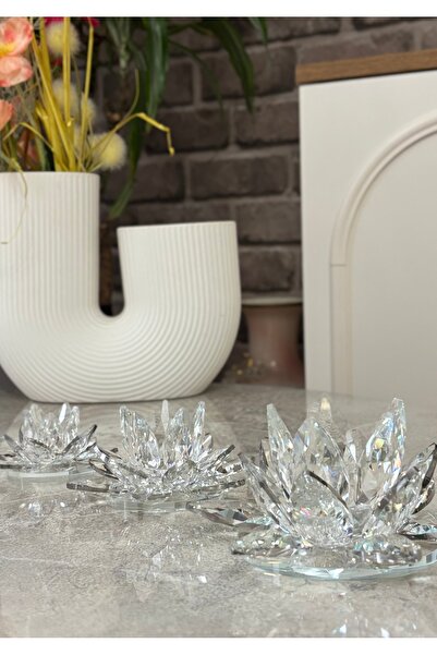 Kiri Dekoratif Kristal Cam Üçlü Lotus(Nilüfer) Mumluk Şeffaf Gümüş