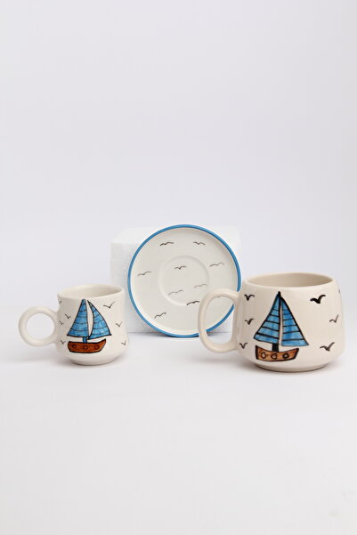 Gezdikçe Bilelim My Dear Self Series Sailing Boat Patterned, Handmade Ceramic and Mug Set, Mug, Hand Made