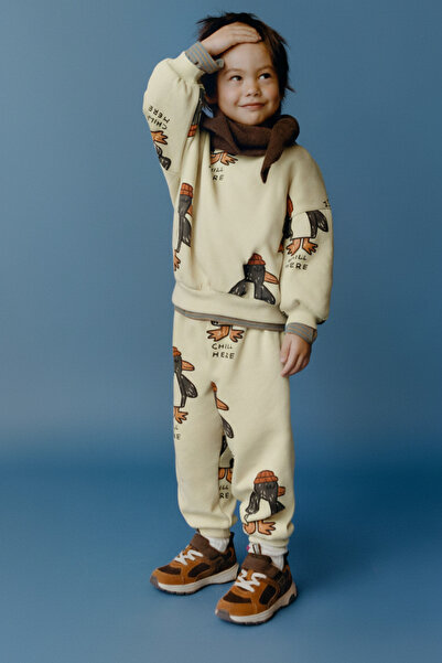 Magu Unisex Children's Cotton Ecru Penguin Patterned Sweatshirt and Sweatpants Set