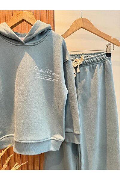 Magu Girl's Cotton Smoked Hooded Sweatshirt and Wide Leg Sweatpants Set – Minimal Lettering Printed Comfortable