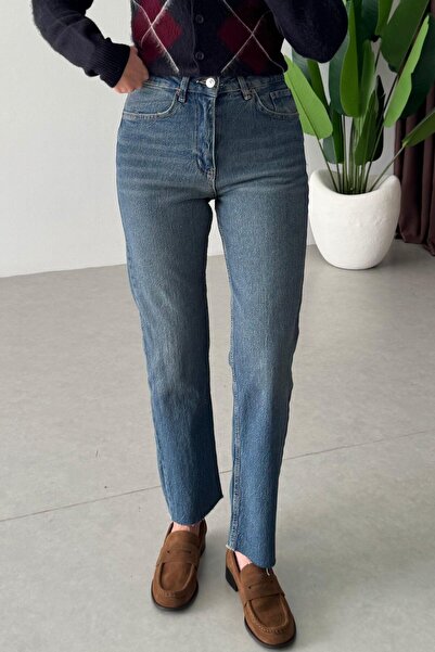 ECEMİ Fabia Mavi Tint Kesik Paça Boy Fit Jean