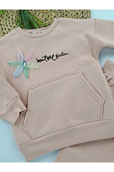 Butik Girl's Printed 3 Thread Ş Fleece-Lined Thick Winter Tracksuit Set with Fleece Inside