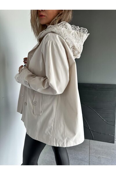 Lavanta Tekstil Lined Trench Coat with Lace Detail