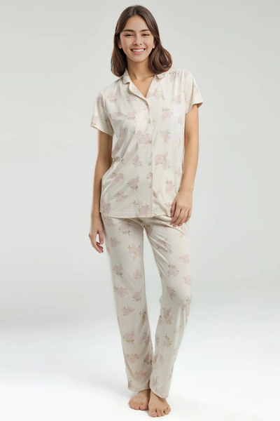 Pierre Cardin Women's Floral Print Pajama Set – Short Sleeve Button down Top, Cream Color