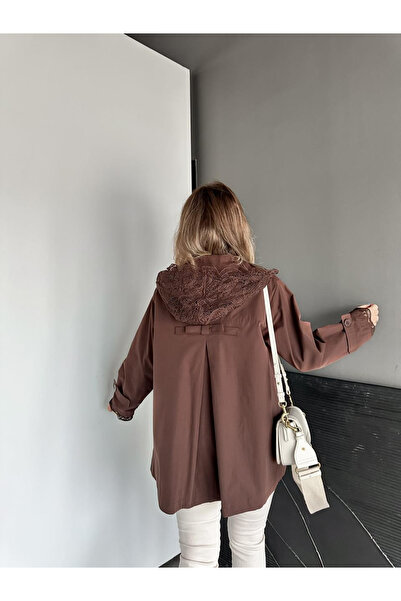 Lavanta Tekstil Lined Trench Coat with Lace Detail