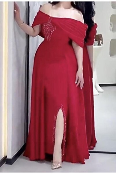 Heidi Red dress embroidered with stretch crepe fabric