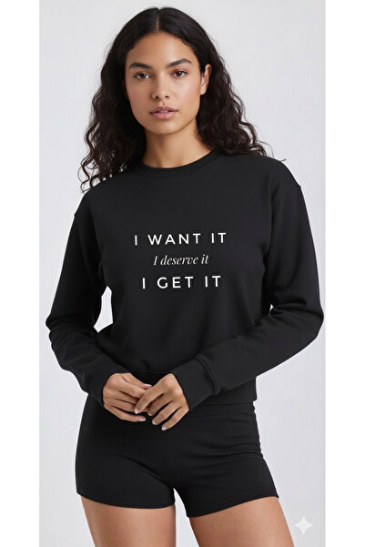 LORVEX Swea negru supradimensionat cu guler rotund tricou I Want It Print