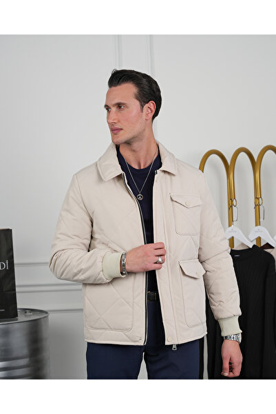 MODEFENDİ Men's Cream Slim Fit Diamond Pattern Bag Pocket Filling Fiber Coat