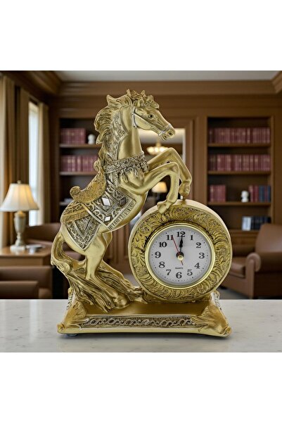 e-life shop Lüks İşlemeli Saatli At Heykeli Dekoratif Masaüstü Biblo Ev & Ofis Hediyesi 16 cm. Yeni Yıl Hediyesi