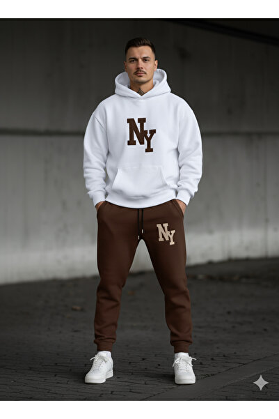 KVİNS Σετ φόρμας με κουκούλα, με στάμπα Νέας Υόρκης, 100% βαμβακερό, για ολόκ...