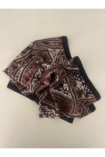 BusradanDesign شال من الساتان منقوش باللون البني مقاس 70x180