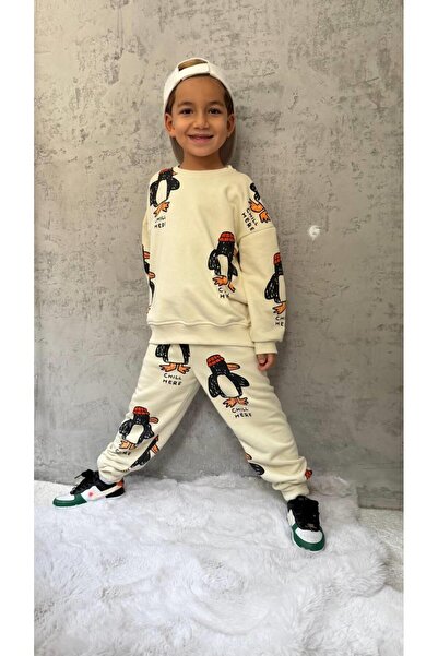 Magu Unisex Children's Cotton Ecru Penguin Patterned Sweatshirt and Sweatpants Set